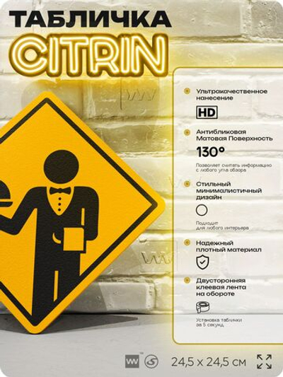 Табличка декоративная "Официант" на дверь и стену, информационная, декоративный знак, 24,5х24,5 см, пластиковая, Айдентика Технолоджи