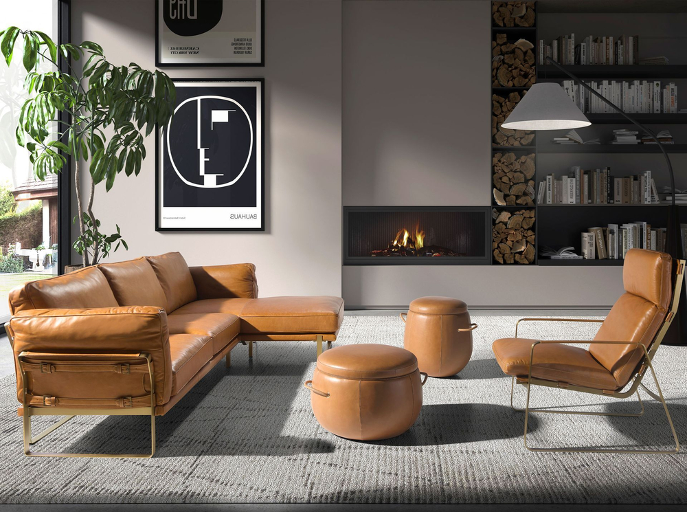 5-местный диван с правым шезлонгом из кожи цвета Camel 6232