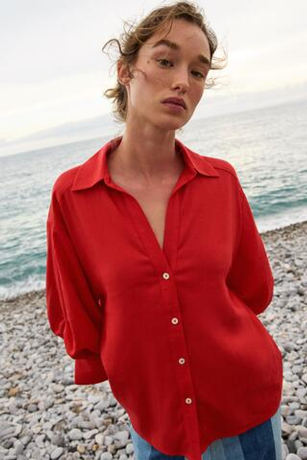 ZARA РУБАШКА ИЗ СМЕСОВОГО ЛЬНА С ОБЪЕМНЫМИ РУКАВАМИ, КРАСНЫЙ
