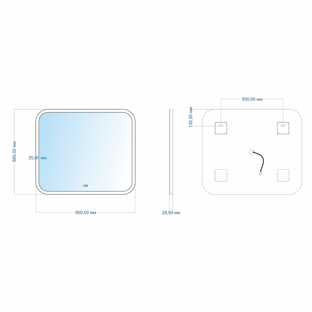Зеркало MIXLINE "Стив-2" 800*685 (ШВ) сенсорный выключатель, светодиодная подсветка + подогрев