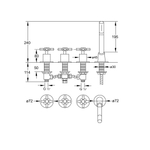 Steinberg Серия 250 Смеситель для ванны на 4 отверстия для применения со сливным-переливным-заливным гарнитуром, с 90° керамическими вентилями, с переключателем и выдвижным ручным душем, хром 250 2480
