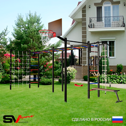 Уличная шведская стенка Sv Sport рукоход х 2 с комплектом турник прямой 2шт У51866К (Турник/Брусья/Скамья/"Лодочка"/Щит баскет/Канат/кольца/лестница/Сетка)