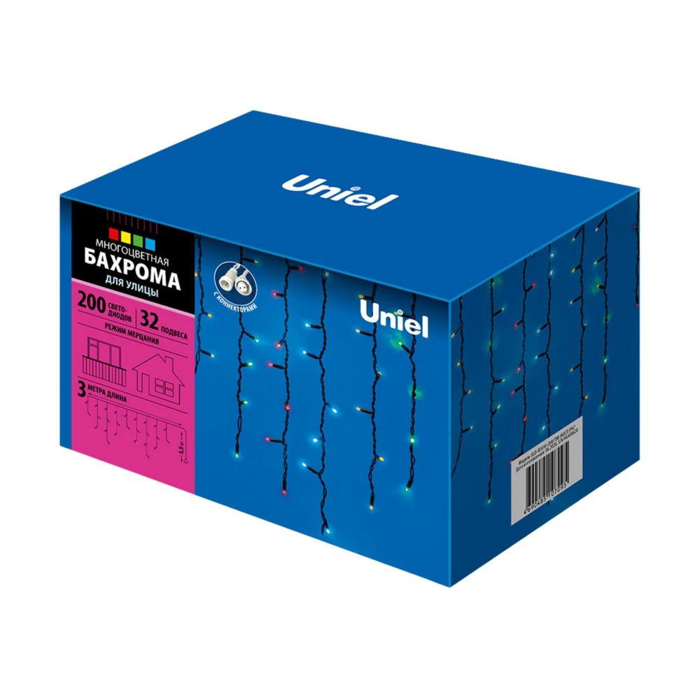 ULD-B3010-200/TBK MULTI IP67 Бахрома светодиодная с эффектом мерцания, 3м. Соединяемая. 200 светодиодов. Разноцветный свет. Провод черный. TM Uniel.