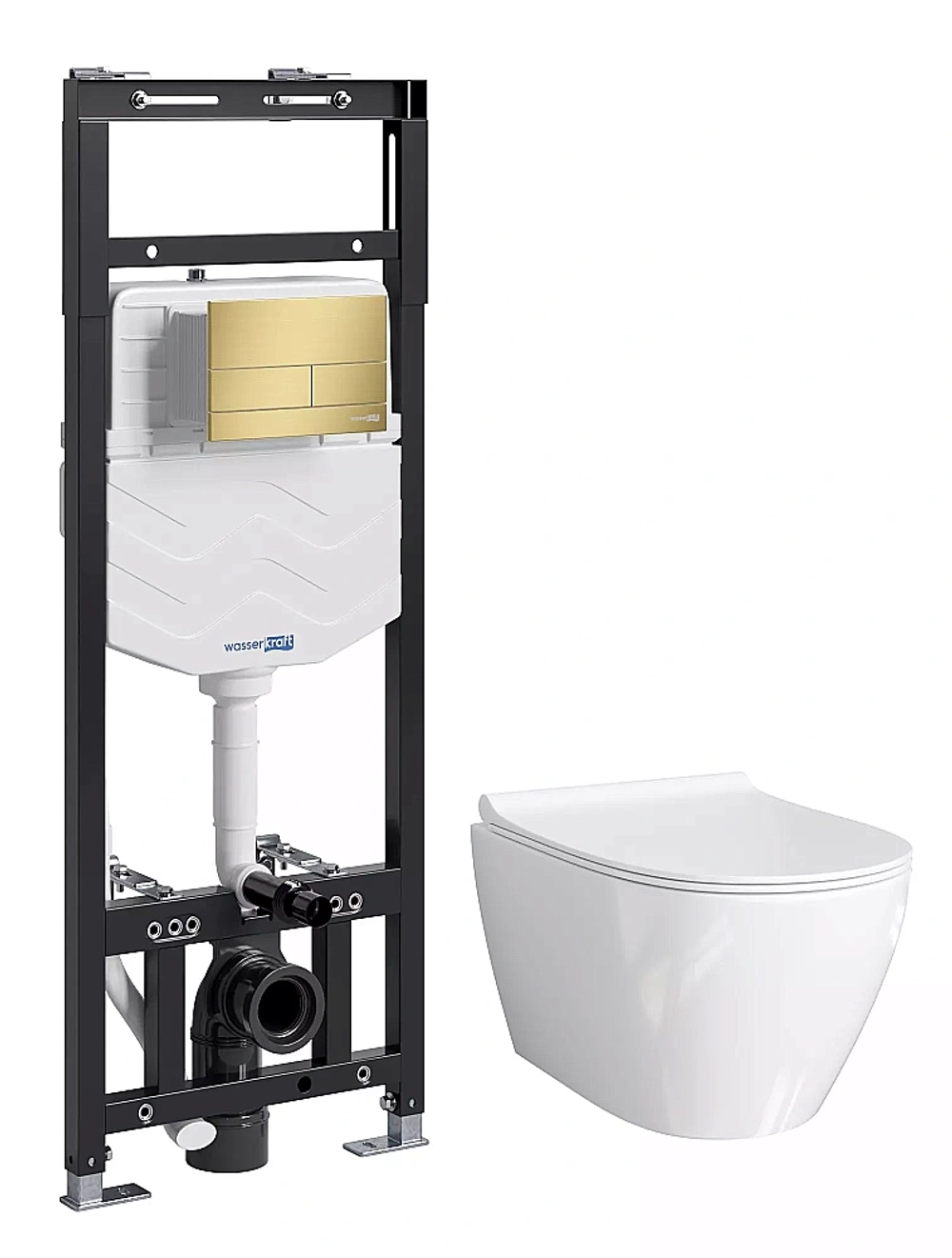 Унитаз подвесной WasserKRAFT Mindel 15TLT.010.ME.MG04.H002 безободковый, с инсталляцией Alme 15, с крышкой микролифт, белый/кнопка золото матовое