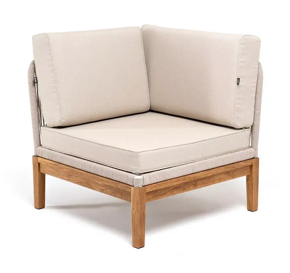 "Канны" угловой модуль плетеный из роупа, основание дуб, роуп бежевый круглый, ткань бежевая 15052