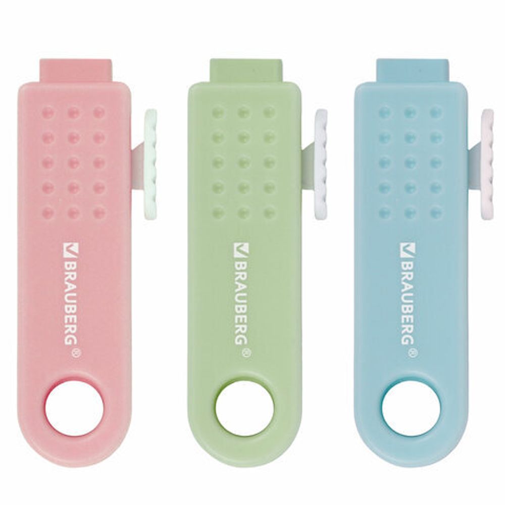 Ластики выдвижные BRAUBERG "Slider Mini", НАБОР 3 ШТУКИ, 68х12х8 мм, пастельные цвета, блистер, 271992