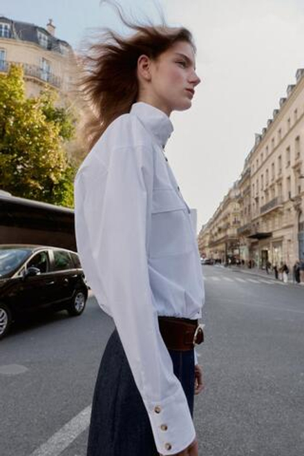 ZARA РУБАШКА ИЗ ПОПЛИНА С ОБЪЕМНЫМИ РУКАВАМИ, БЕЛЫЙ