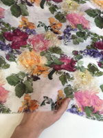 Плательная вискоза принт цветы бордо/розов/оранж на белом Paulin С1