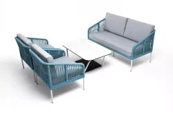 "Канны" лаунж-зона 4-местная из роупа со столом "Гранада" (молочный), каркас алюминиевый светло-серый, роуп бирюзовый