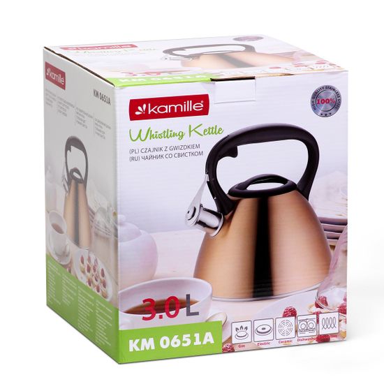 Чайник 3 л. из нержавеющей стали со свистком Kamille KM 0651A (бронзовый) и черной бакелитовой ручкой