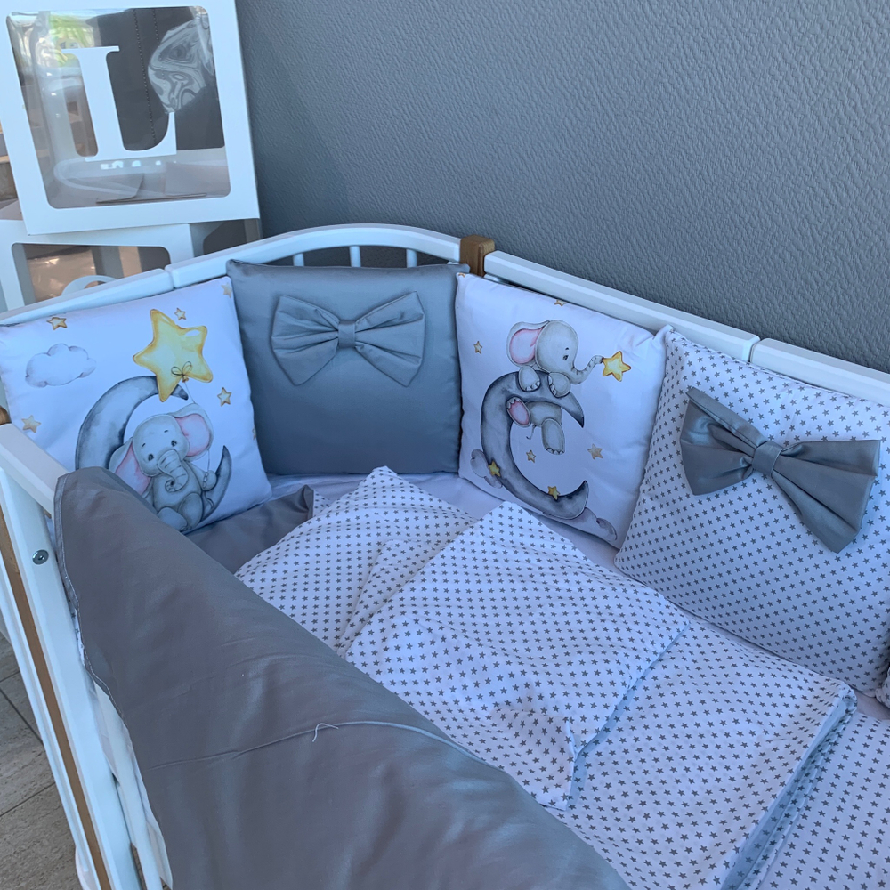 Комплект в кроватку 17 предметов "Слоник на луне" серый, сатин