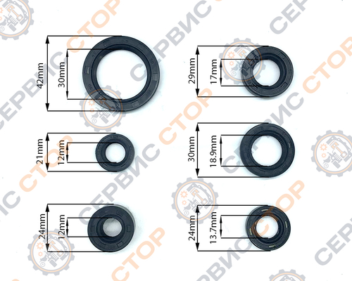Сальники к-т 6 шт (30*42*4,5; 11,6*24*10; 17*29*5; 18,9*30*5; 13,7*24*5; 12*21*4) 180N