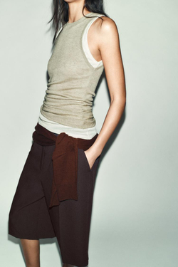 ZARA ТОП В СТИЛЕ РУСТИК С ДВОЙНЫМ ЭФФЕКТОМ, БЕЛЫЙ/ЗЕЛЕНЫЙ