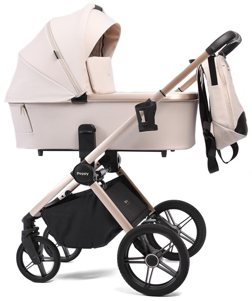 Детская коляска Peppy Monaco 3 в 1 с автокреслом Verona Black Beige (бежевый), рама беж, шлифованный алюминий
