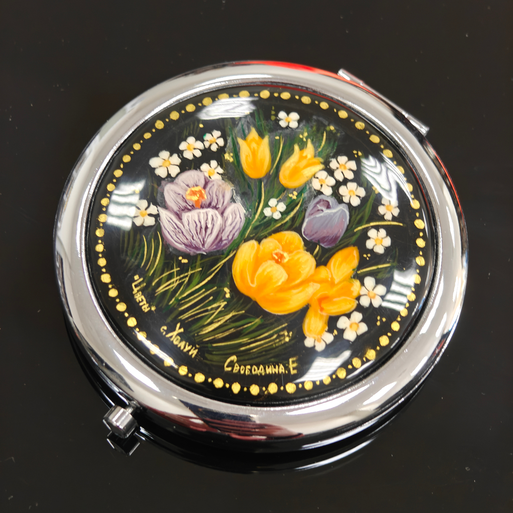 Сувенирное зеркальце с ручной холуйской росписью "Цветы"