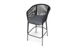 "Марсель" стул барный плетеный из роупа, каркас из стали темно-серый (RAL7024) муар, роуп темно-серый круглый, ткань темно-серая 027 NEW
