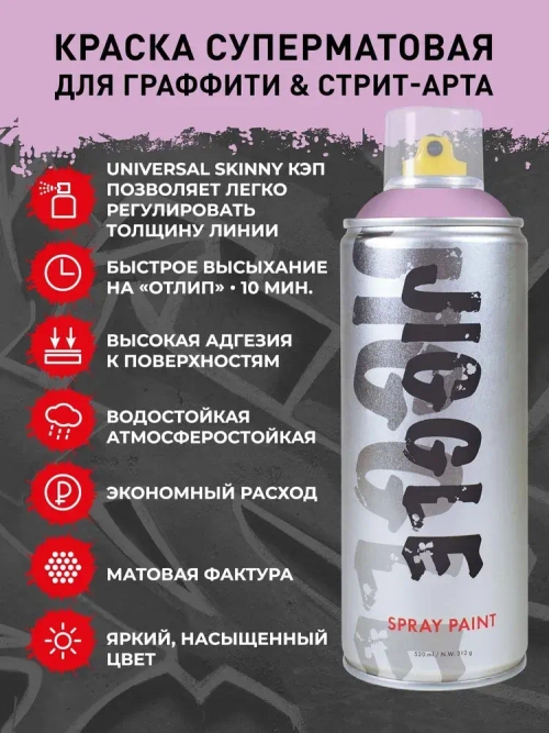 Аэрозольная краска для граффити в баллончике JIGGLE PRO суперматовая, 520 мл, LAVENDER / Лаванда
