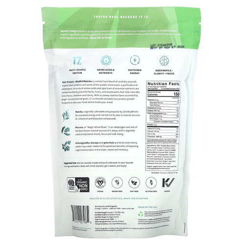 Sprout Living, Epic Protein, питательный матча, 456 г (1 фунт)
