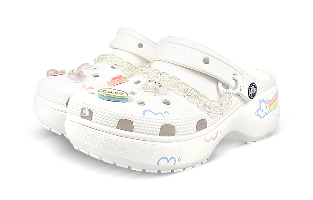 【Customized sneakers】 Crocs Classic clog comfortable and Versatile cloud rainbow splash ink laser chain hole shoes women's white pink blue