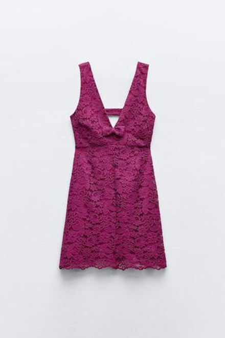 ZARA КОРОТКОЕ КРУЖЕВНОЕ ПЛАТЬЕ,   ЦВЕТ ФУКСИИ