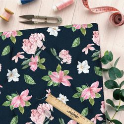 Ткань бифлекс нежно розовые и белые цветы