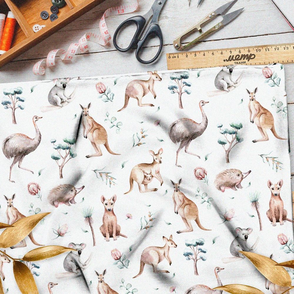 Ткань кулирная гладь кенгуру страусы акварельные