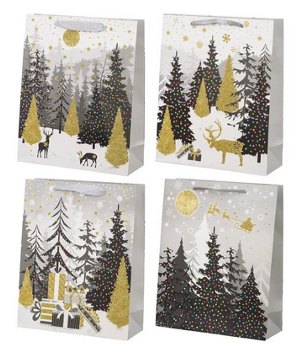 Пакет подарочный "Новогодний лес" цветной с рисунком, с блёстками, 19,5*8*23,5см, в ассорт. (Basir)