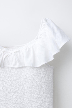 ZARA ФУТБОЛКА ИЗ ЛЬНА С УЗОРОМ «СОТЫ», ЖЕЛТОВАТО-БЕЛЫЙ