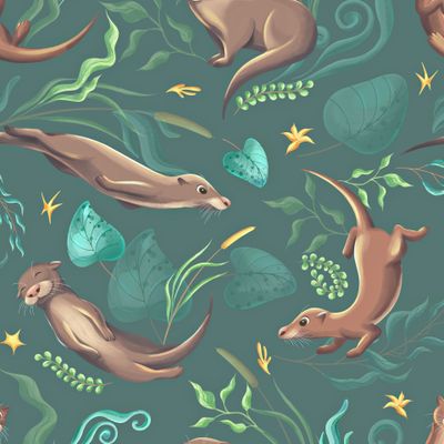 Речные выдры на зеленом