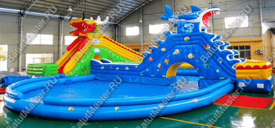 Надувной наземный аквапарк на постоянной подкачке «Акула и дракон» 21.6*21*8 м
