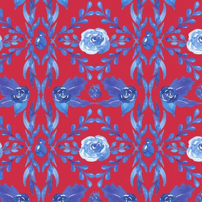 Синий цветочный узор на красном