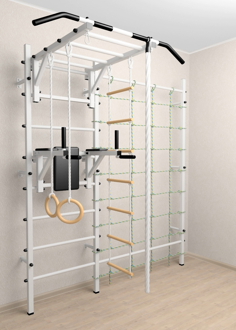 Шведская стенка Sv Sport усиленная 629 (Турник рукоход/Брусья/Канат/Kольца/Лестница/Канатный лаз/Сетка)