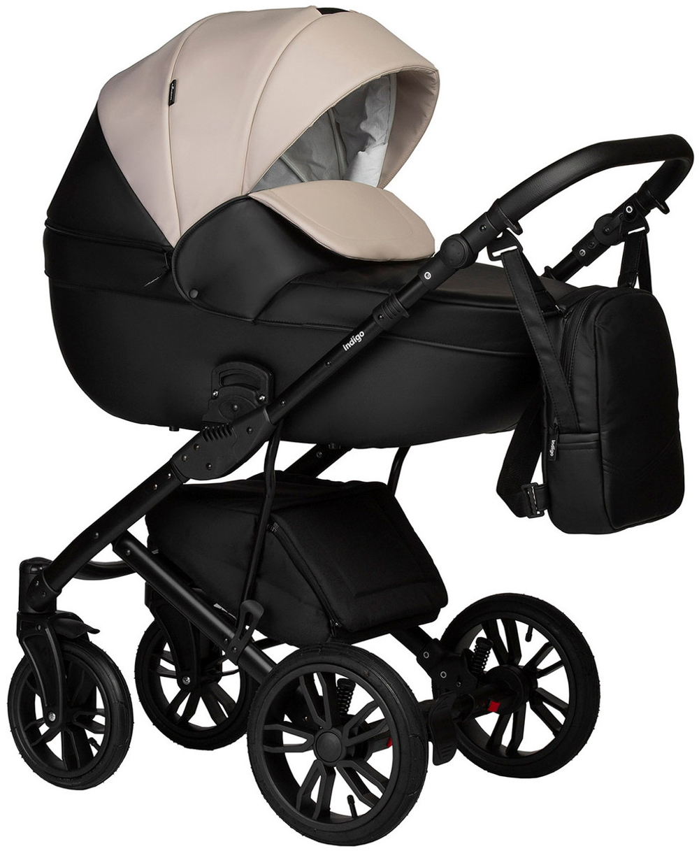 Детская коляска Indigo Mio Eco 3 в 1 с автокреслом Avionaut Cosmo Beige 04 черная кожа+св.бежевая кожа