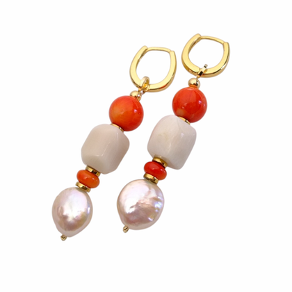 Серьги с белым и оранжевым кораллом, жемчугом