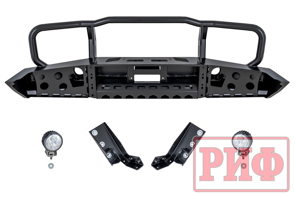 Бампер силовой передний Toyota Land Cruiser 76/78/79 2007+ c доп. фарами и защитной дугой, с площадкой под лебедку РИФ