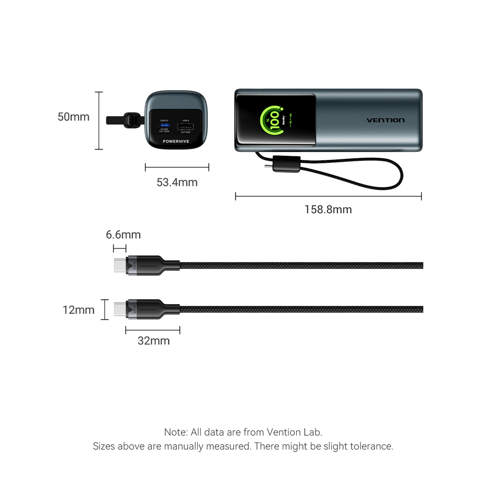 20000mAh Power Bank (USB-C + USB-C/USB-C/USB-A) 165W Gray TFT Display Type