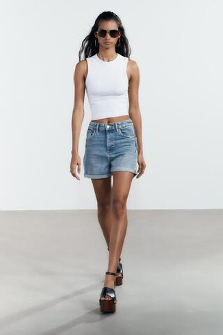 ZARА ШОРТЫ TRF MOM FIT С ВЫСОКОЙ ПОСАДКОЙ, СИНИЙ