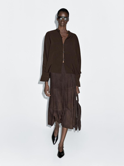 Massimo Dutti Рубашка с воротником-стойкой и декоративными швами спереди, коричневый