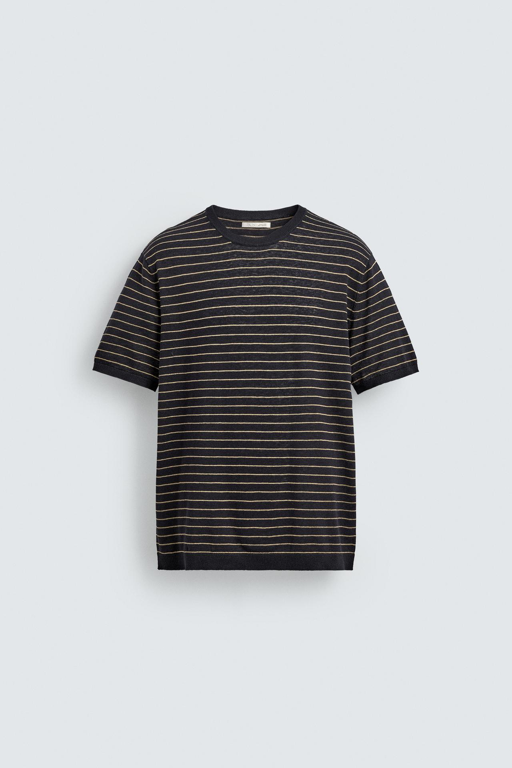 ZARA ТРИКОТАЖНАЯ ФУТБОЛКА ИЗ ЛЬНА И ХЛОПКА В ПОЛОСКУ, МОРСКОЙ СИНИЙ