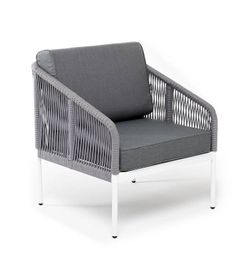 "Канны" кресло плетеное из роупа, каркас алюминий белый муар, роуп светло-серый круглый, ткань серая 017