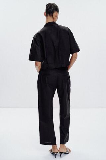 ZARA БРЮКИ ИЗ ПОПЛИНА С ЗАЩИПАМИ, ЧЕРНЫЙ
