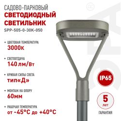 Светильник светодиодный садово-парковый ЭРА SPP-505-0-30K-050 50Вт 3000K IP65 серый | Садово-парковые светильники