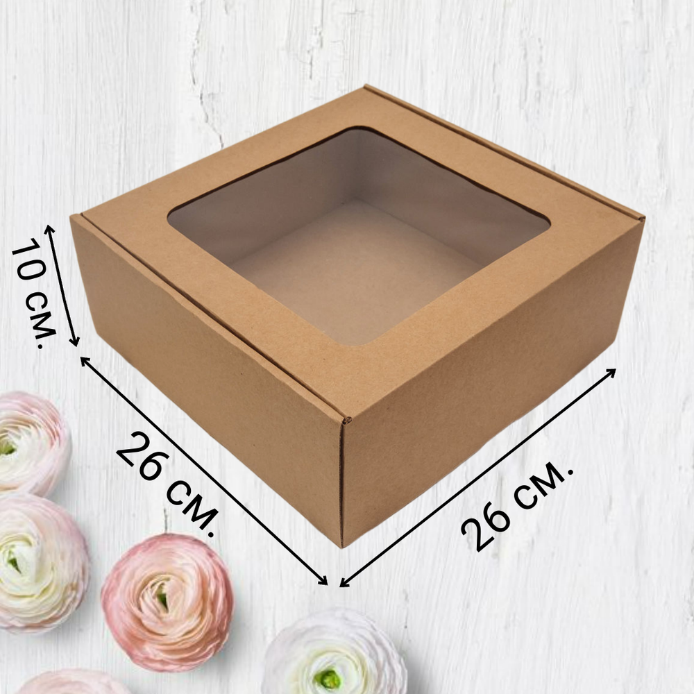Коробка для пирогов, тортов, пирожных 26х26х10 с окном крафт