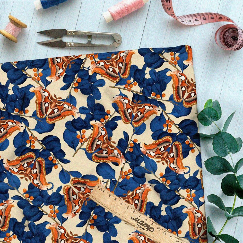 Ткань шелк Армани оранжевые бабочки и синие листья на жёлтом фоне