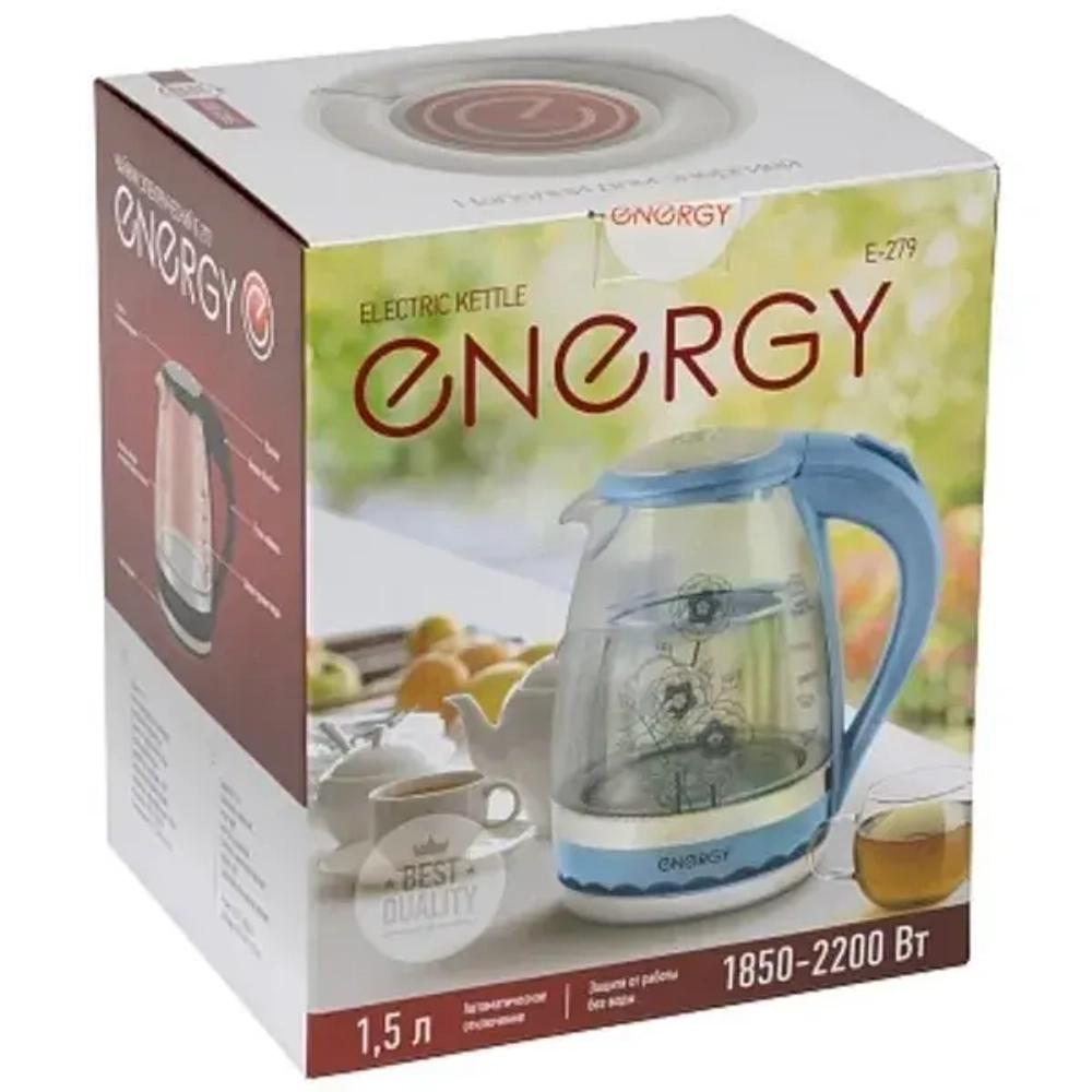 Чайник стеклянный 1,5л «ENERGY» черный E-279