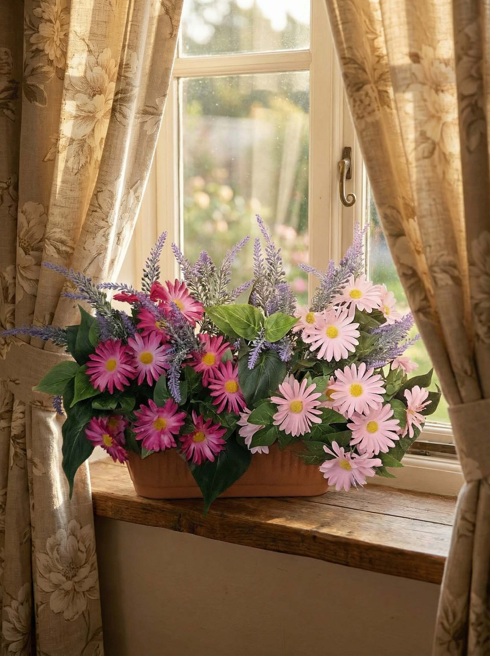 Хризантемы искусственные розово-малиновые с лавандой в балконном ящике