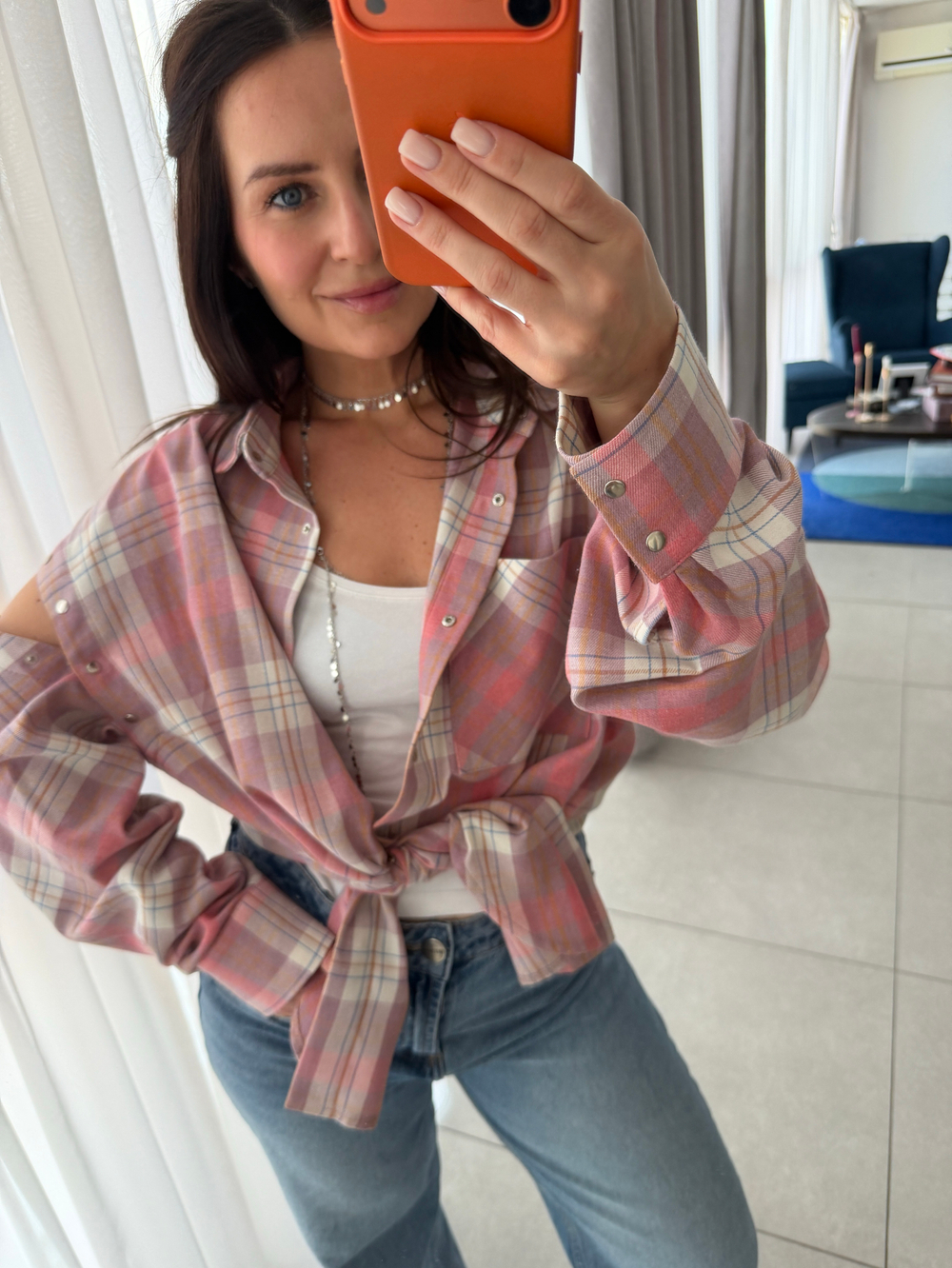 Рубашка трансформер в клетку нежно-розовая