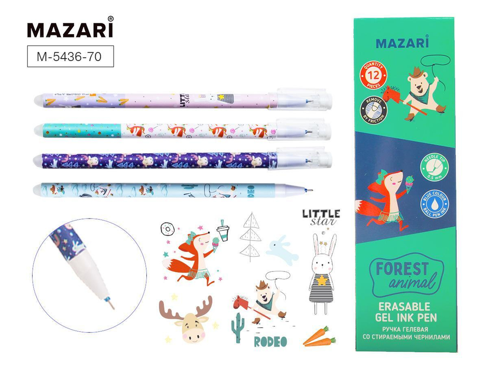 Ручка гель пиши-стирай 0.5мм. "Forest animal" синяя, термо чернила, корпус цветной, смен.стержень 13