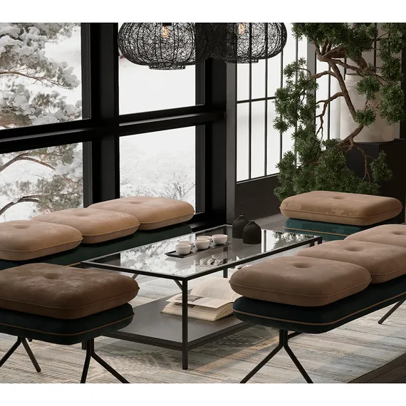 Банкетка Pea, велюр, бежевая/сине-зеленая