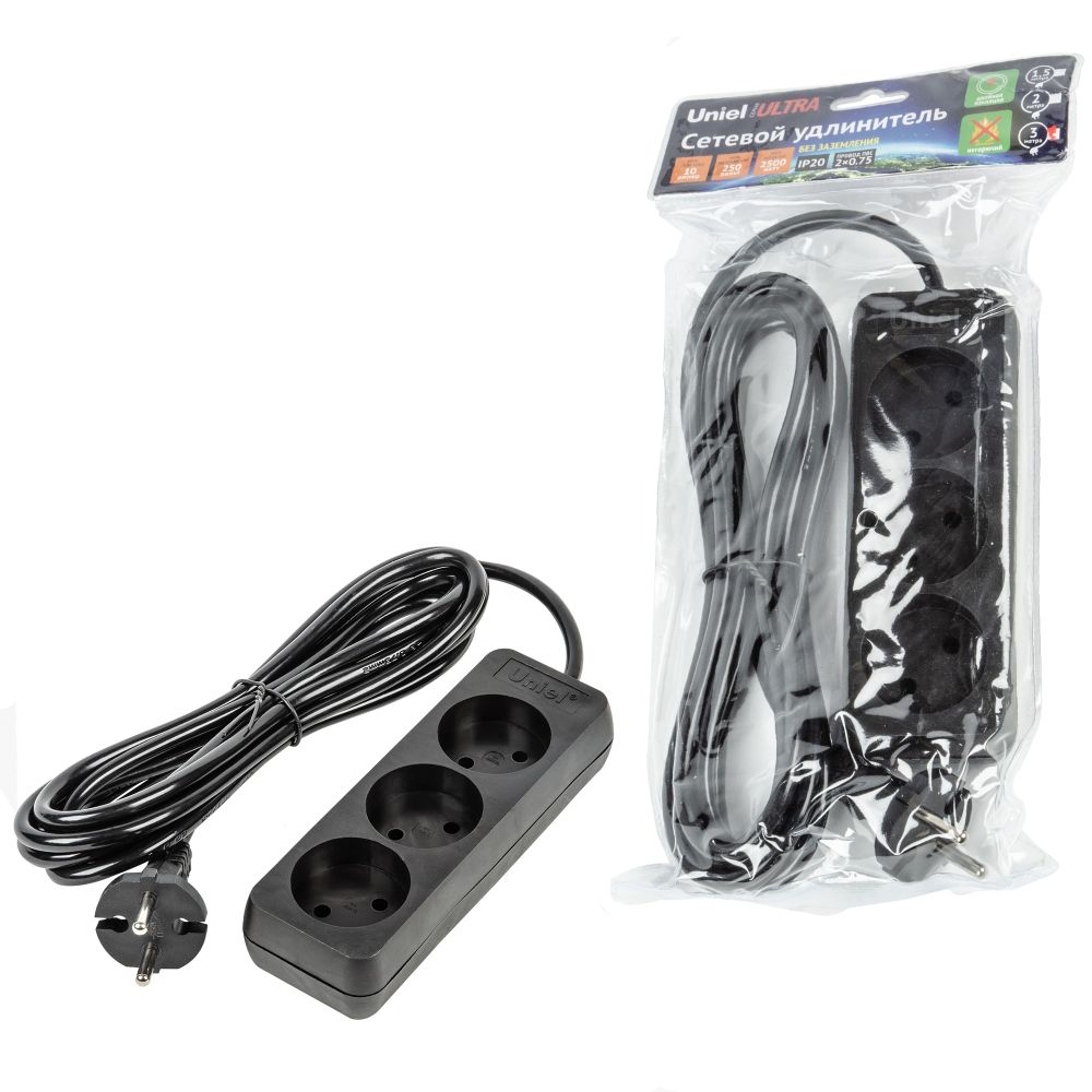 S-CU3-3 BLACK Удлинитель серии Ultra. шнур 3м.. 3 гнезда. 10A. б-з. Черный. TM Uniel